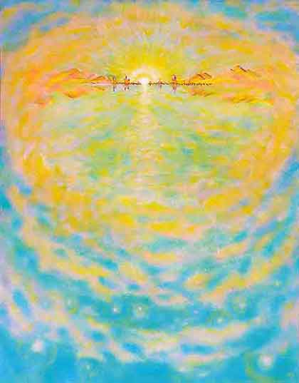 Yellow cloud-bubble comprise landscape, immersed in light painted stellar space; Oil Painting 1985 by Wiesław Sadurski